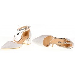 Czółenka na obcasie słupku 5 cm. srebrne brokatowe