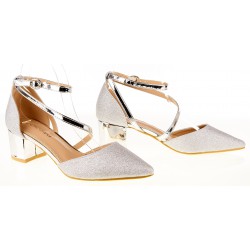 Czółenka na obcasie słupku 5 cm. srebrne brokatowe