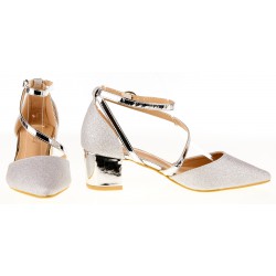 Czółenka na obcasie słupku 5 cm. srebrne brokatowe