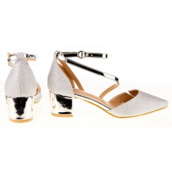 Czółenka na obcasie słupku 5 cm. srebrne brokatowe