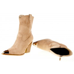 Botki kozaki kowbojki zamszowe na słupku 8,5 cm. beżowe nude