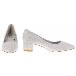 Czółenka na niskim słupku 5 cm. srebrne brokatowe