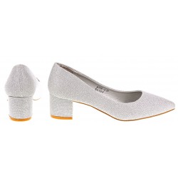 Czółenka na niskim słupku 5 cm. srebrne brokatowe