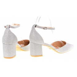 Czółenka na obcasie słupku 6 cm. srebrne brokatowe