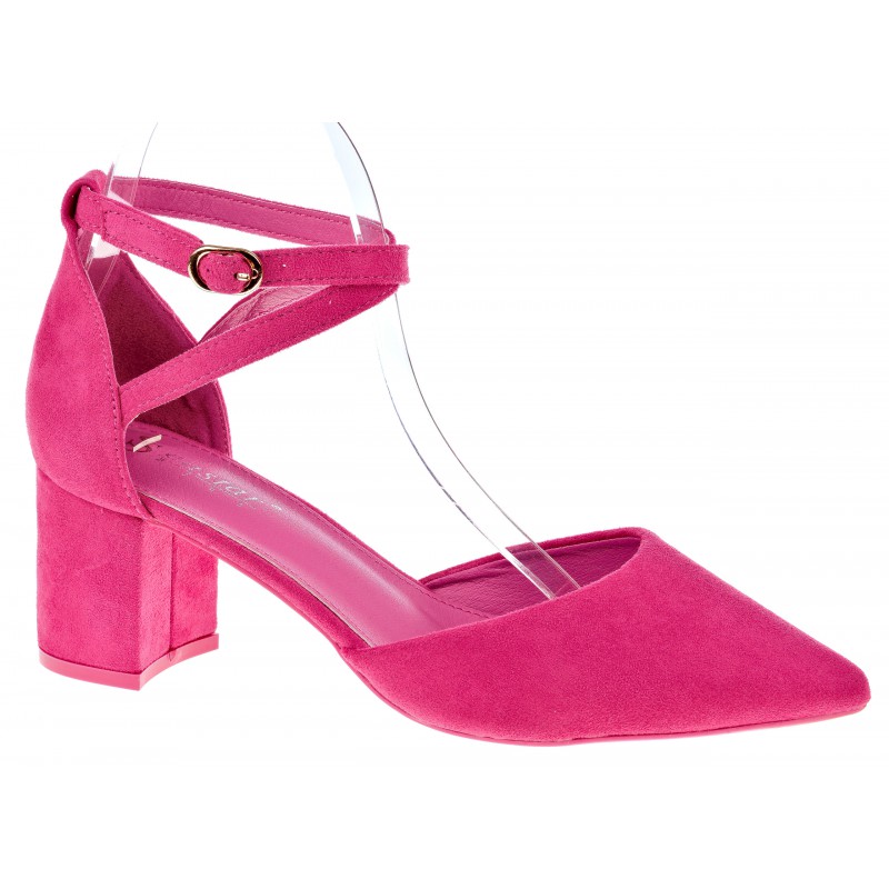 Czółenka zamszowe na słupku 6 cm. pasek fuksja