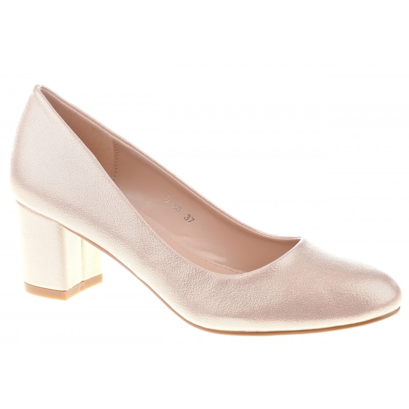 Czółenka na niskim słupku 6 cm. szampańskie