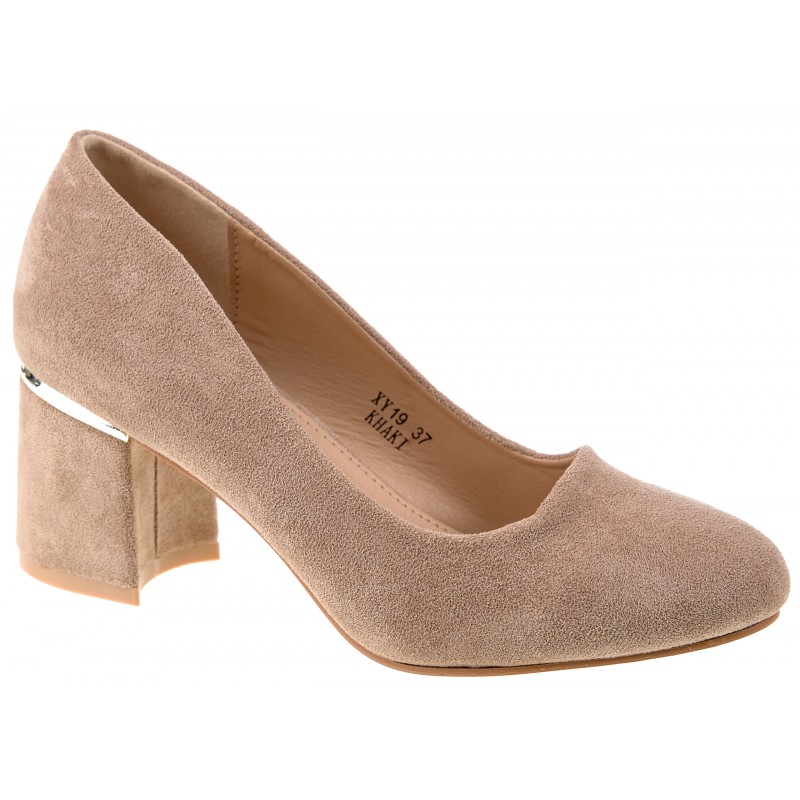 Czółenka zamszowe na słupku 6,5 cm. khaki