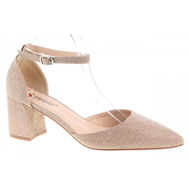 Czółenka na obcasie słupku 6 cm. champange brokatowe