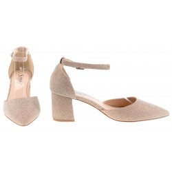 Czółenka na obcasie słupku 6 cm. champange brokatowe