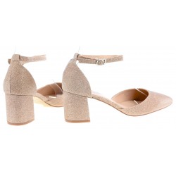 Czółenka na obcasie słupku 6 cm. champange brokatowe