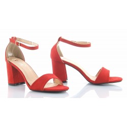 Sandały zamszowe na słupku 7 cm. pasek czerwone