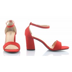 Sandały zamszowe na słupku 7 cm. pasek czerwone