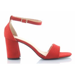Sandały zamszowe na słupku 7 cm. pasek czerwone
