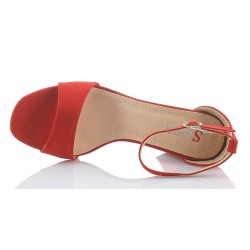 Sandały zamszowe na słupku 7 cm. pasek czerwone