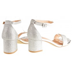 Sandały na obcasie słupku 6 cm. srebrne brokatowe