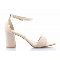 Sandały zamszowe na słupku 7 cm. pasek beżowe