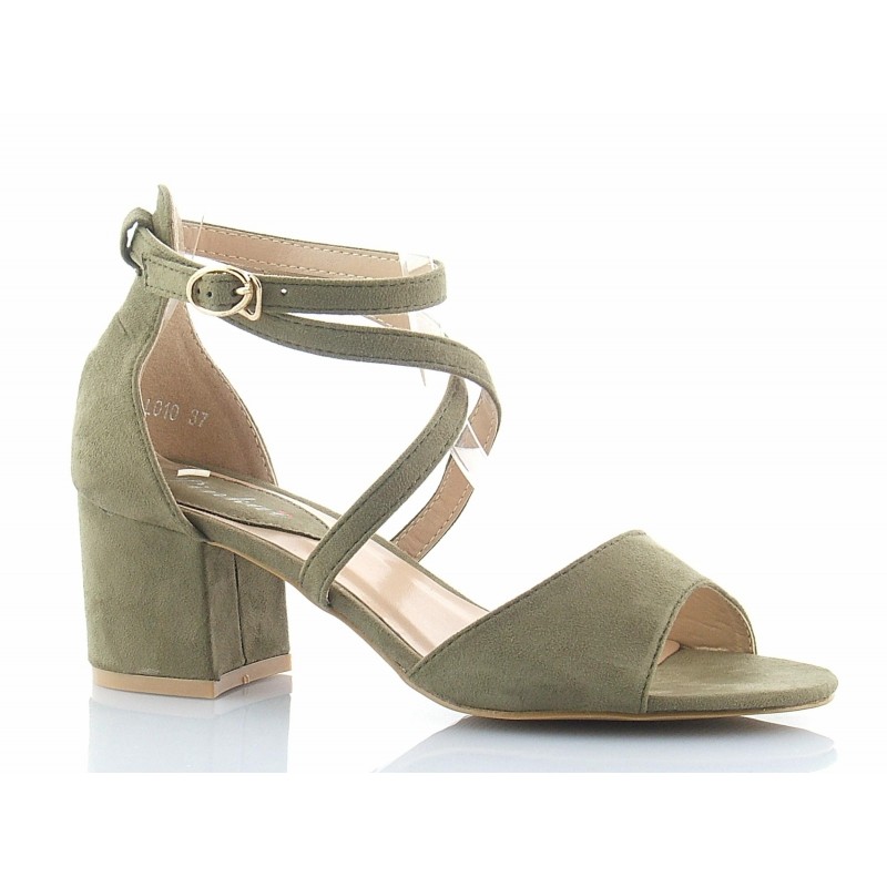 Sandały zamszowe na słupku 5,5 cm. zielone khaki